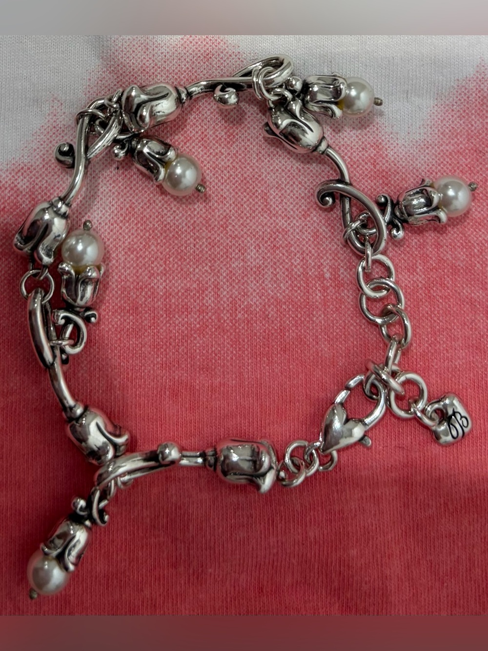 Brighton Silver Pearl Charm Bracelet Elegant Floral Link Design Excellent Shape